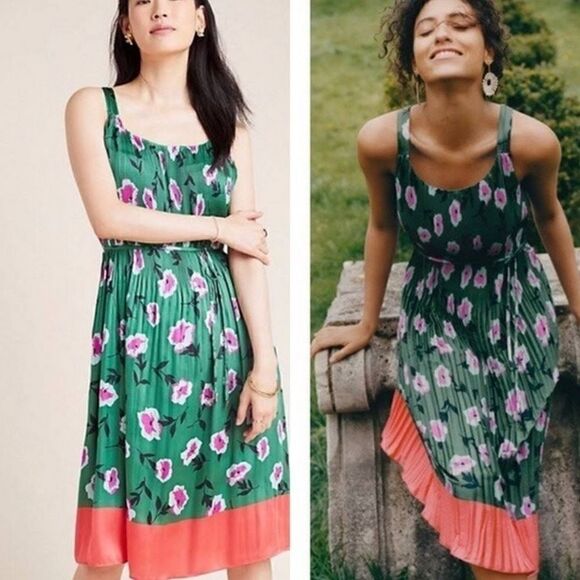 Anthropologie Mireille Green Floral Pleated Dress Size S - Picture 1 of 8